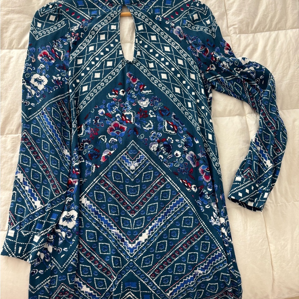 Express Blue A-Line Dress with Bishop Sleeves - Picture 2 of 5